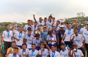 Tumbangkan Muba, Lahat Raih Medali Emas di Porprov Sumsel ke XIV Tim sepak bola Lahat musai bertanding. Foto Istimewa.